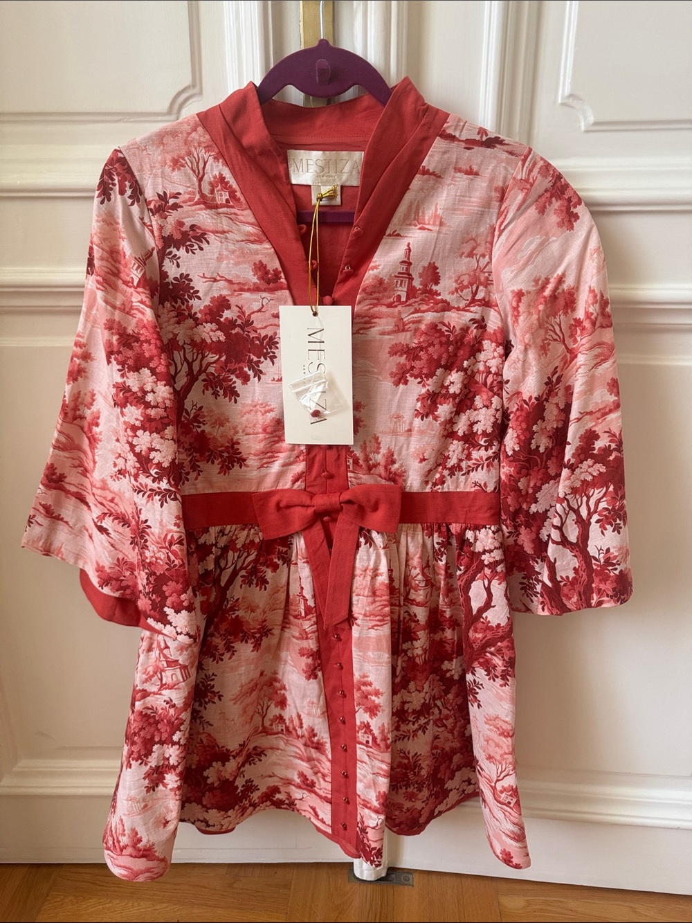 Mestiza New York Floral Toile Red and Pink Printed Tie-Waist Tunic
